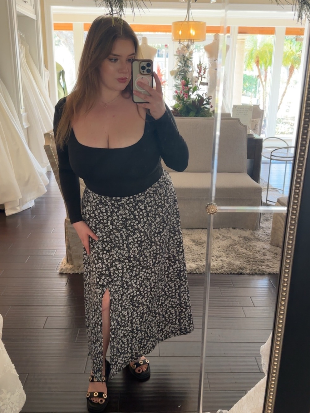 Black Floral Split-Front Midi Skirt